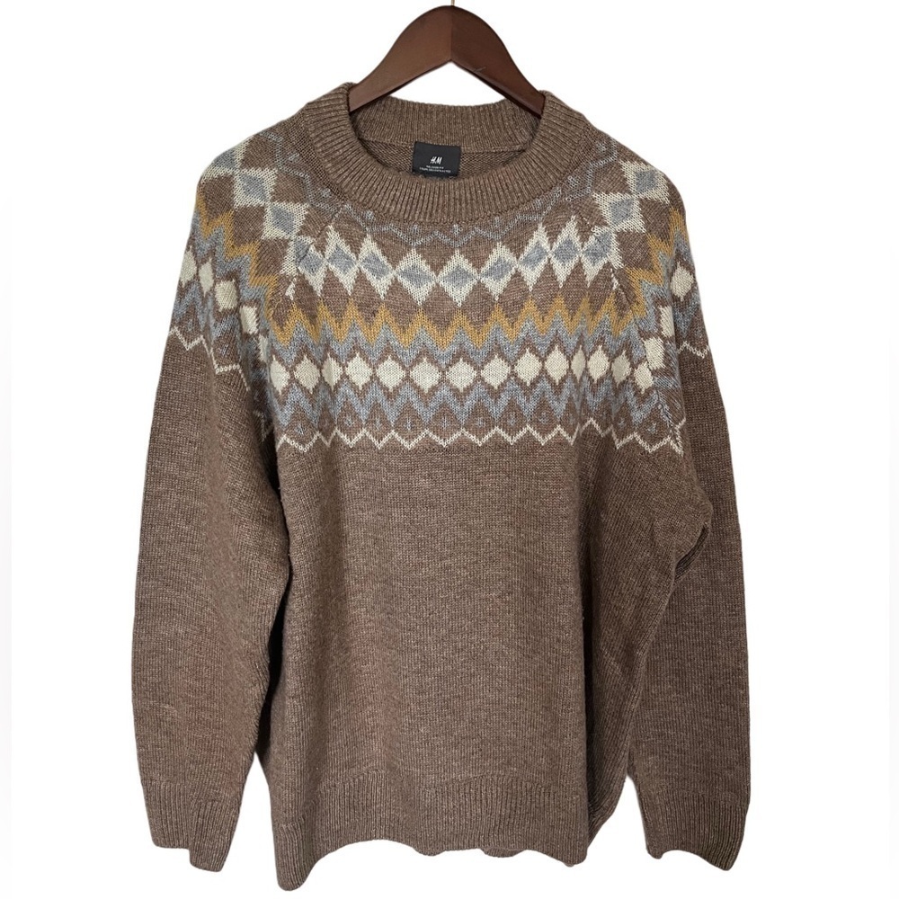 H&M MENS BROWN PATTERNED RELAXED FIT SWEATER SZ XL